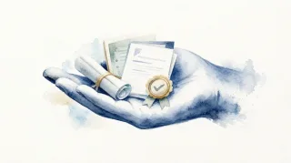 Watercolor illustration of a hand with documents — symbol for complete support