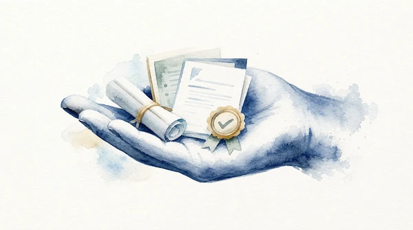 Aquarell-Illustration einer Hand mit Unterlagen — Symbol für vollständige Betreuung