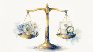 Watercolor illustration of a scale — symbol for economically sensible consulting