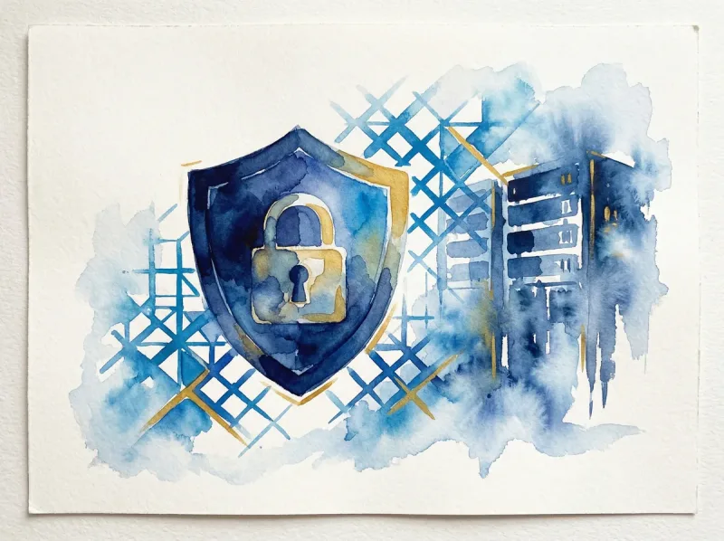 Watercolour illustration of a shield, padlock and servers representing an ISO 27001 management system